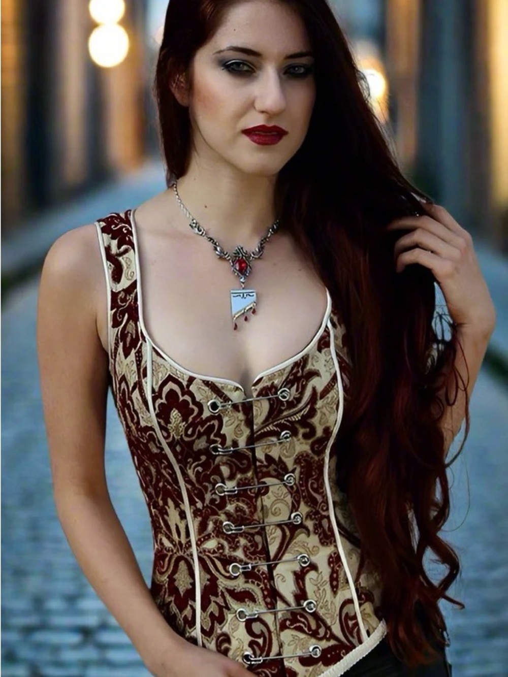 Shrine of Hollywood Burgundy & Ivory Pin Bodice Corset Top